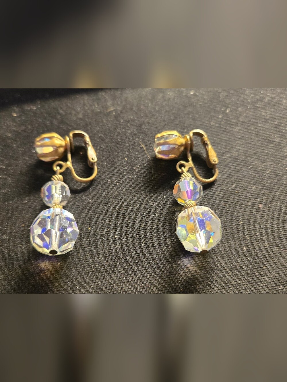 Antique Vintage Crystal Dangling Drop Snap Clip On Earrings 1.5" Approximate
